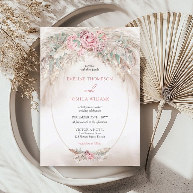 Invitation Boho élégant rose blush pampas eucalyptus mariage (Boho elegant dusty rose pampas eucalyptus wedding invitation)