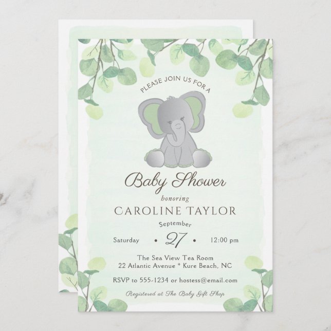 Invitation Boho Elephant Aquarelle Baby shower vert (Devant / Derrière)
