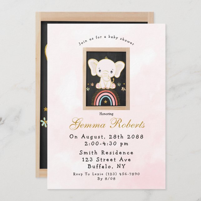 Invitation Boho Elephant assis sur le Baby shower Rainbow Gir (Devant / Derrière)