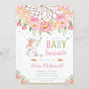 Invitation Boho Elephant Baby Sprinkel Girl Pink Mint Floral