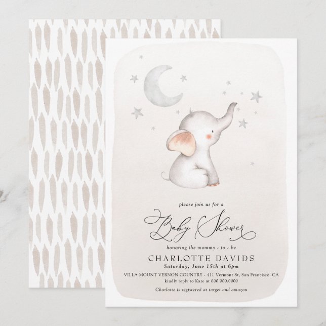 Invitation Boho Elephant Stars Lune Beige Neutre Baby shower (Devant / Derrière)