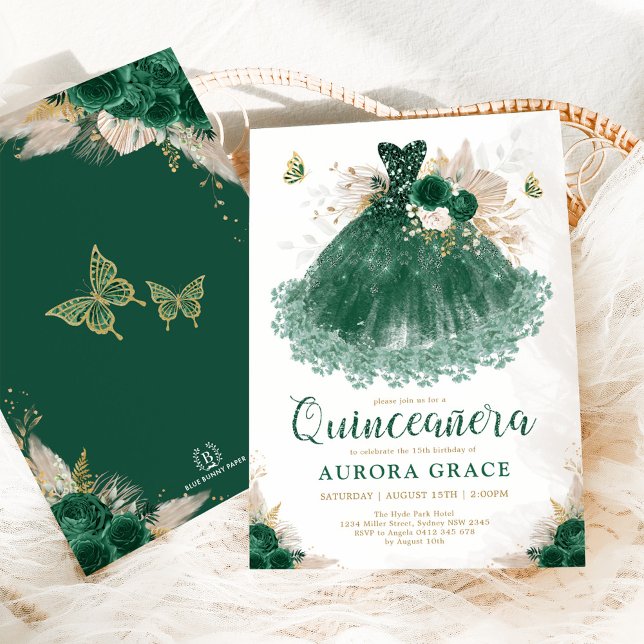 Invitation Boho Emerald Floral Quinceañera Princesse (Créateur téléchargé)