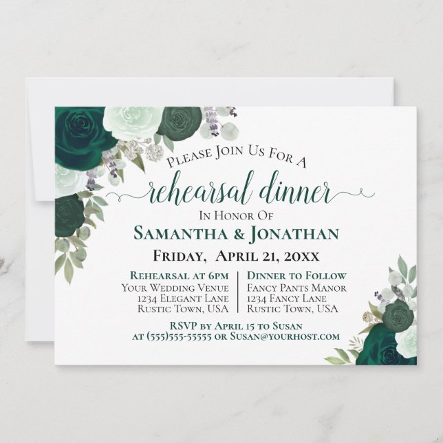 Invitation Boho Emerald Green Dîner de répétition Mariage Ros (Devant)
