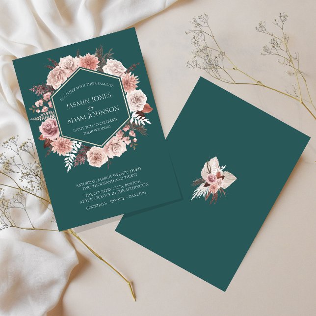 Invitation Boho Emerald Green Rose Floral Mariage (Boho Emerald Green Pink Floral Wreath Wedding Invitation)