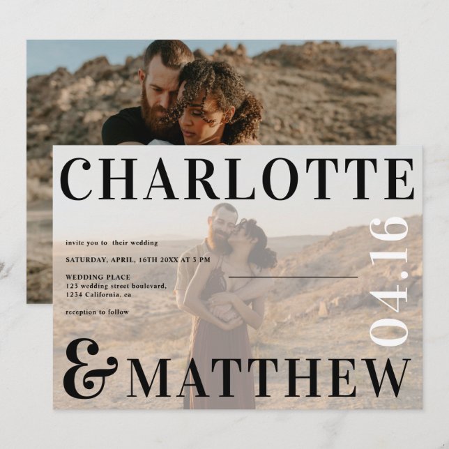 Invitation Boho en gras noms noir blanc photo mariage photo (Devant / Derrière)