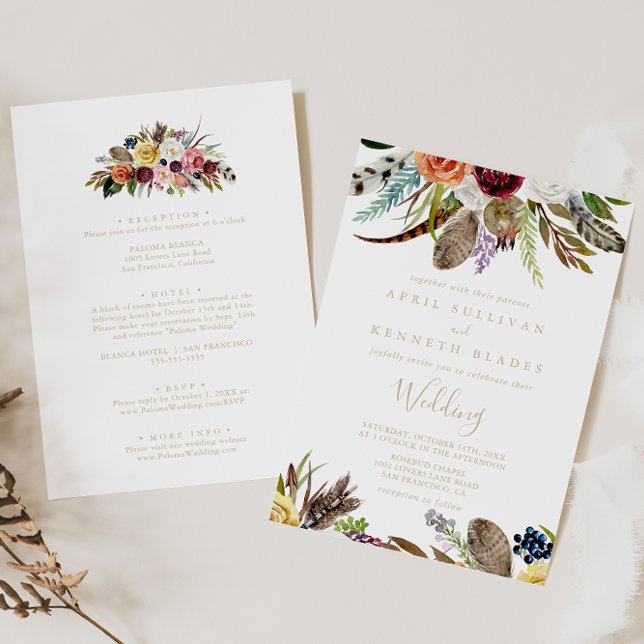 Invitation Boho en plumes d'or Mariage avant et arrière (Créateur téléchargé)