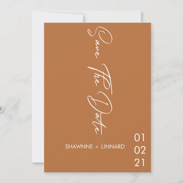 Invitation Boho en terre cuite Brown Script Enregistrer la da (Devant)