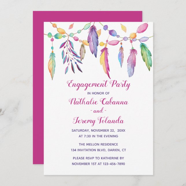 Invitation Boho Engagement Party Feathers Amérindien (Devant / Derrière)