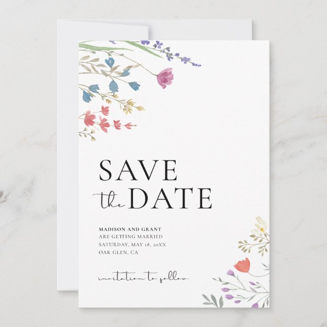 Invitation Boho Enregistrer La Date, Fleur sauvage Enregistre (Devant)