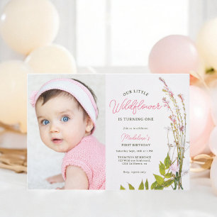 Invitation Boho été fleur sauvage script photo 1er anniversai