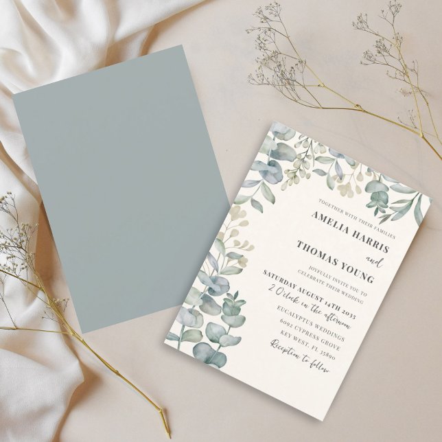 Invitation Boho Eucalyptus Aquarelle Bleu & Beige Mariage (Créateur téléchargé)