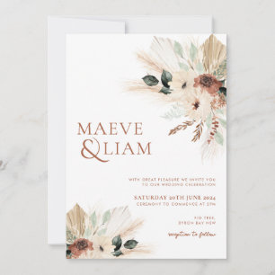 Invitation Boho Eucalyptus Green Flowers Pampas Mariage