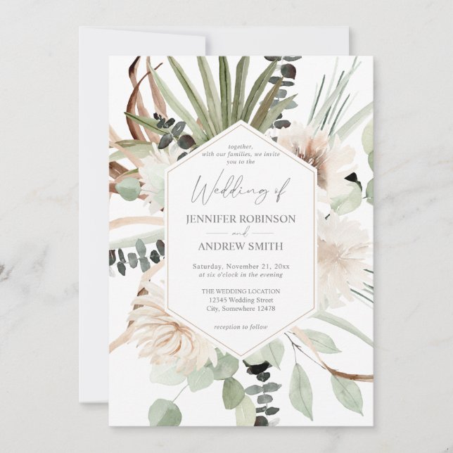 Invitation Boho Eucalyptus Palm Feuille & Mariage Floral Beig (Devant)
