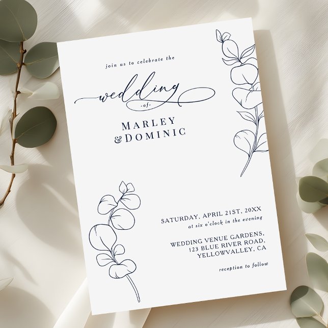 Invitation Boho Eucalyptus Springs Navy Blue & White Wedding (Créateur téléchargé)