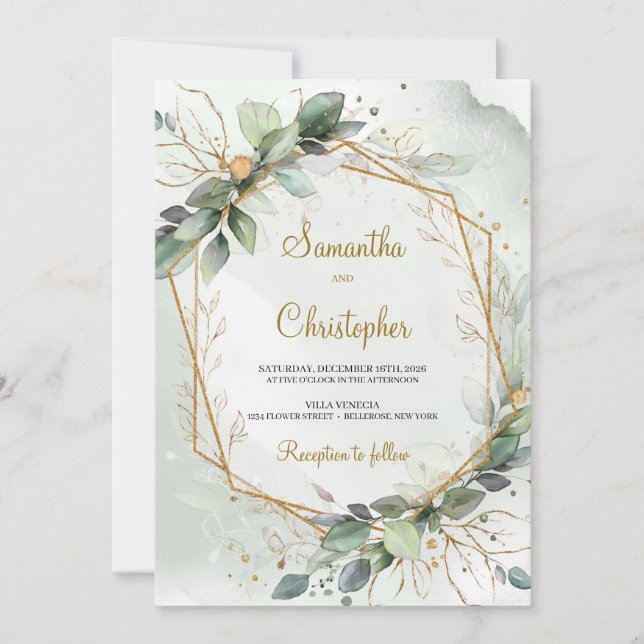 Invitation Boho eucalyptus verdure feuille faux cadre or (Devant)
