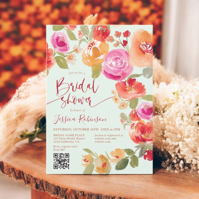 Invitation Boho Fall aquarelle fleurie QR menthe douche (Boho Fall floral watercolor QR mint bridal shower Invitation)