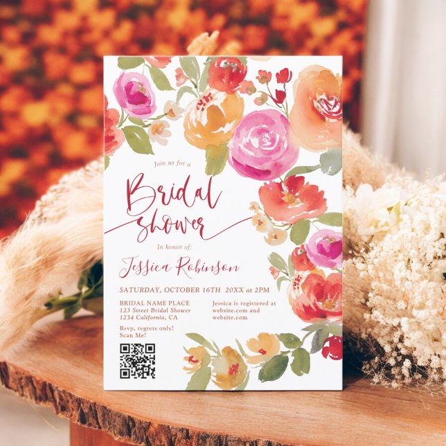 Invitation Boho Fall aquarelle florale QR douche nuptiale (Boho Fall floral watercolor QR bridal shower Invitation)