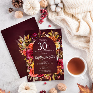 Invitation Boho Fall Burgundy Floral Script 30e Anniversaire