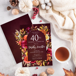 Invitation Boho Fall Burgundy Floral Script 40e Anniversaire
