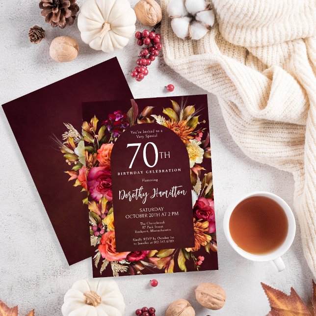 Invitation Boho Fall Burgundy Floral Script 70e anniversaire (Créateur téléchargé)