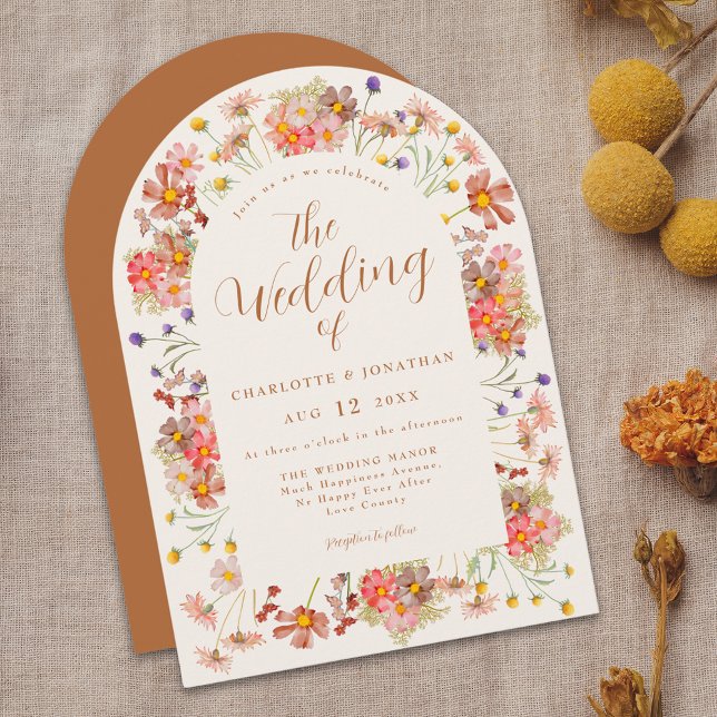 Invitation Boho Fall Fleur sauvage Arch Burnt Orange Mariage (Boho fall Wildflower arch burnt orange Wedding invitation watercolor rustic dried flowers)