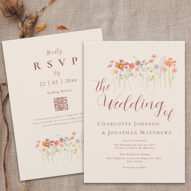 Invitation Boho Fall Fleur sauvage Beige Terracotta QR Code (Boho rustic wildflower floral beige terracotta wedding qr code invitation Watercolor meadow flowers)