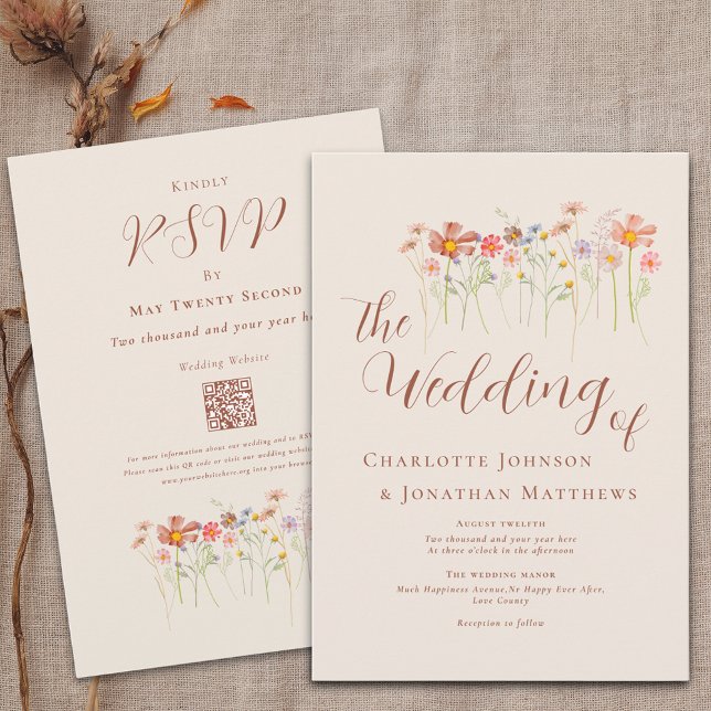 Invitation Boho Fall Fleur sauvage Beige Terracotta QR Code (Boho fall Wildflower floral beige & terracotta Wedding qr code invitation Watercolor meadow flowers)