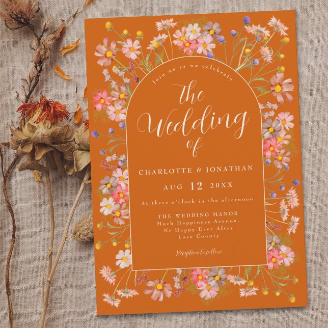 Invitation Boho Fall Fleur sauvage Burnt Orange Mariage (Boho fall Wildflower floral arch terracotta burnt orange Wedding invitation Elegant modern script)