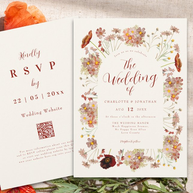 Invitation Boho Fall Fleur sauvage Burnt Orange Mariage (Boho wildflower elegant fall wedding qr code invitation in earthy tones)