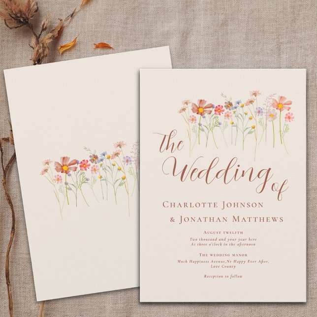 Invitation Boho Fall Fleur sauvage Floral Beige Terracotta (wildflower wedding watercolor florals boho rustic fall flowers wedding elegant modern script autumn )