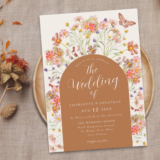 Invitation Boho Fall Fleur sauvage Floral Butal Mariage (Boho fall Wildflower arch butterfly terracotta burnt orange Wedding invitation rustic country )