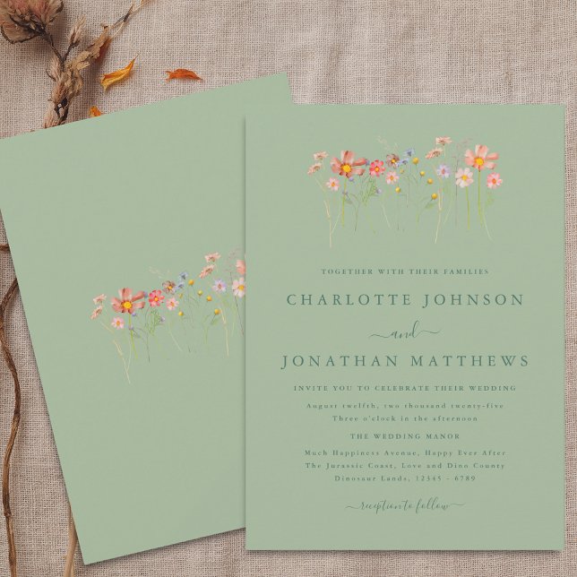 Invitation Boho Fall Fleur sauvage Floral Sage Green Mariage (Boho fall Wildflower sage green floral Wedding invitation Watercolor flowers stylish modern)