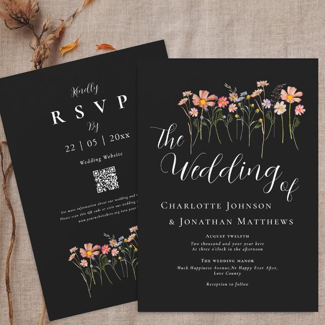 Invitation Boho Fall Fleur sauvage Meadow Black & White QR Co (Boho fall Wildflower floral black & white Wedding qr code invitation Watercolor meadow flowers)