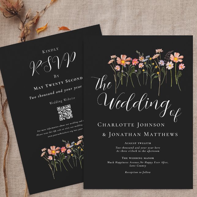 Invitation Boho Fall Fleur sauvage noir et blanc QR Code (Boho fall Wildflower meadow black & white Wedding qr code invitation watercolor florals elegant)