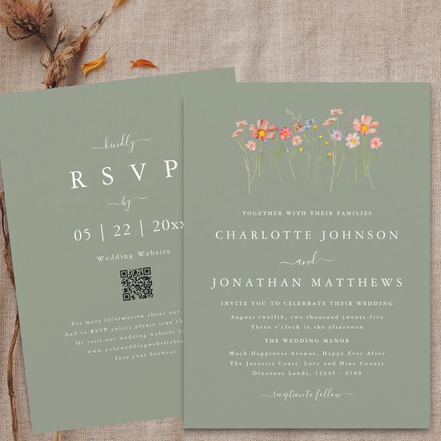Invitation Boho Fall Fleur sauvage Sage Green Mariage QR Code (Wildflower boho fall floral sage green Wedding qr code invitation watercolor meadow flowers elegant )