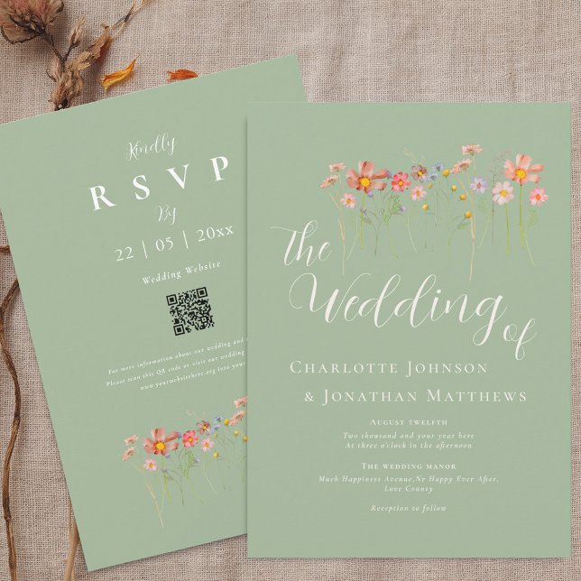 Invitation Boho Fall Fleur sauvage Sage Green QR Code Mariage (Boho fall Wildflower meadow sage green Wedding qr code invitation Outdoor autumn destination wedding)