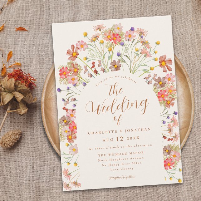 Invitation Boho Fall Fleur sauvage Terracotta Mariage (Boho fall wildflower terracotta burnt orange wedding invitation with elegant arch and modern script )