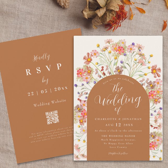 Invitation Boho Fall Fleur sauvage Terracotta Mariage (Boho fall Wildflower floral arch terracotta burnt orange Wedding invitation and RSVP website QR code)