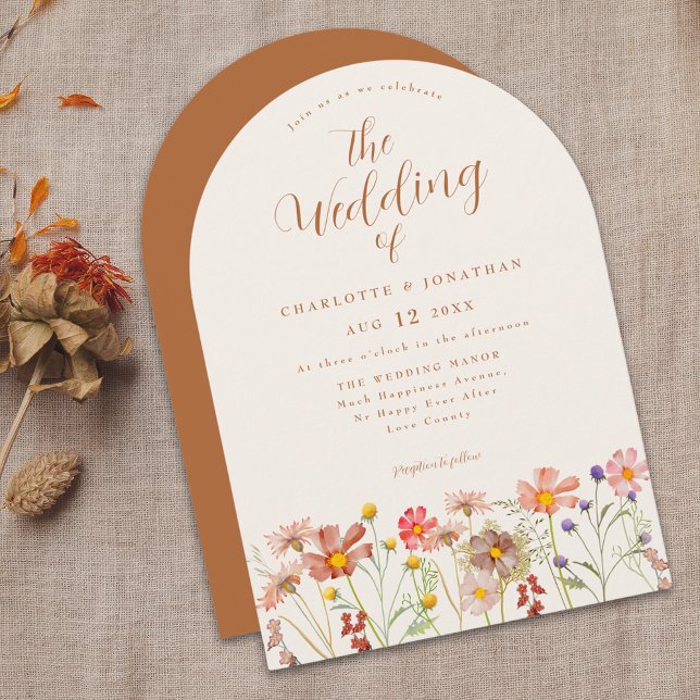 Invitation Boho Fall Fleur sauvage Terracotta Mariage (Boho fall Wildflower arch terracotta burnt orange Wedding invitation with elegant script)