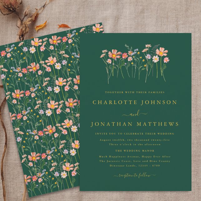 Invitation Boho Fall Fleur sauvage Vert foncé et Mariage or (Boho fall Wildflower floral green & gold Wedding invitation Watercolor garden meadow elegant modern)