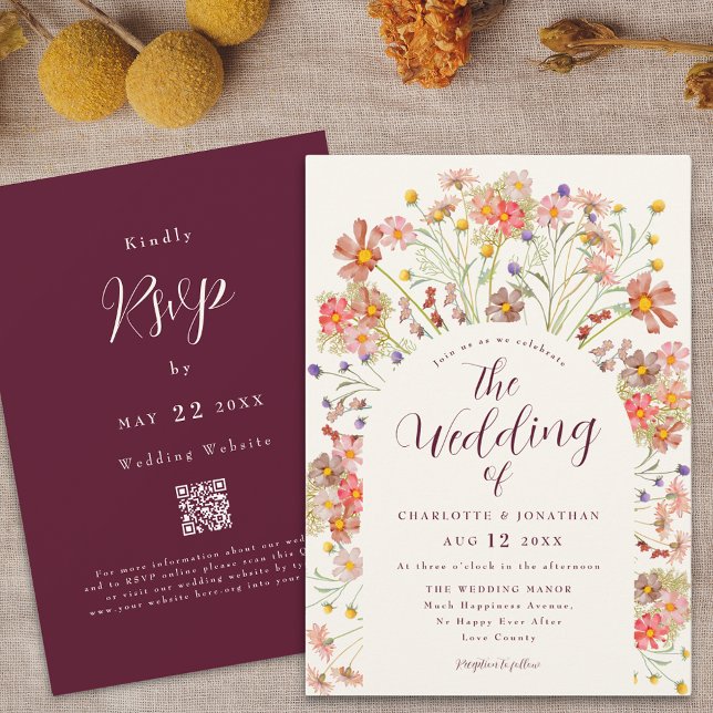 Invitation Boho Fall Floral Arch Burgundy Crème Mariage (Boho fall rustic wildflowers floral arch burgundy ivory cream wedding qr code invitation Watercolor)