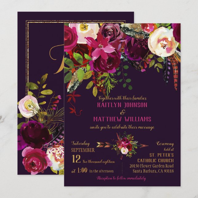 Invitation Boho Fall Floral Arrow Bouquet Mariage (Devant / Derrière)
