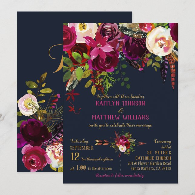 Invitation Boho Fall Floral Arrow Bouquet Mariage (Devant / Derrière)