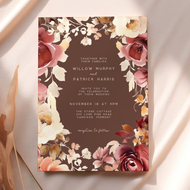 Invitation Boho Fall Floral Crème Brown Bourgogne Mariage (Créateur téléchargé)