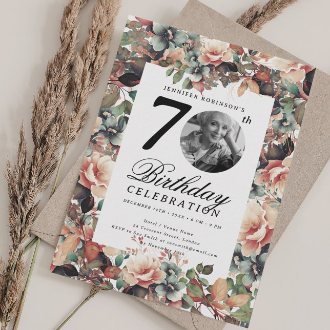 Invitation Boho Fall Floral Garden Photo 70th Birthday  (Boho Fall Floral Garden Photo 70th Birthday Invitation)