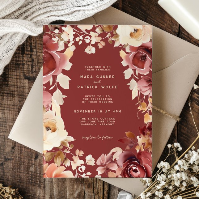 Invitation Boho Fall Floral Gold Crème Mariage (Créateur téléchargé)