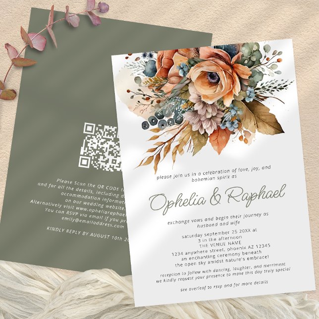 Invitation Boho Fall Florals Sage Bohemian Mariage (Front and back)