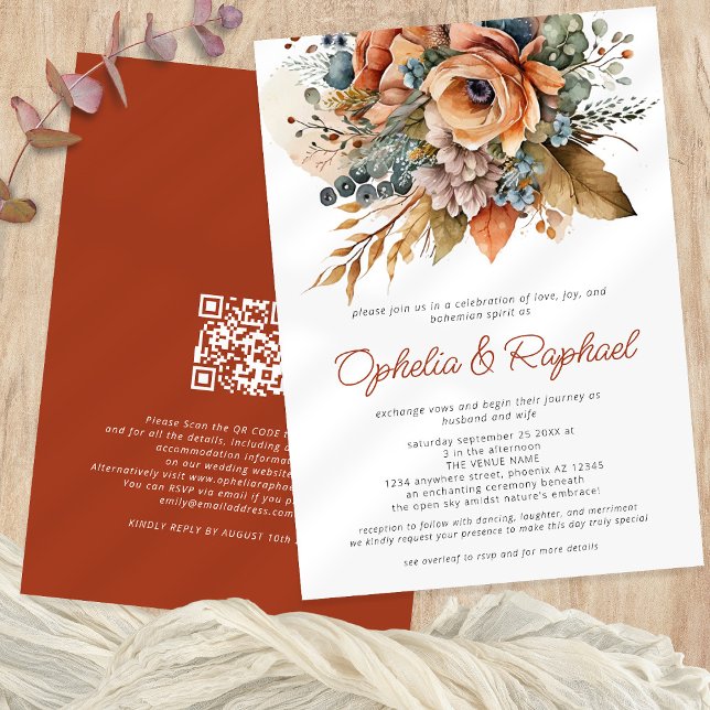 Invitation Boho Fall Florals Terracotta Bohemian Mariage (Front and back)