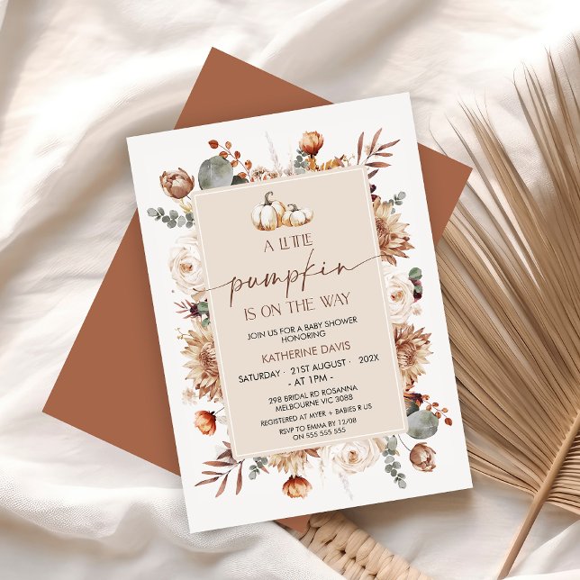 Invitation Boho Fall Little Baby shower Citrouille (Little Pumpkin Baby Shower Invitation, Boho Floral Fall Baby Shower Invitation, Autumn Pumpkins)