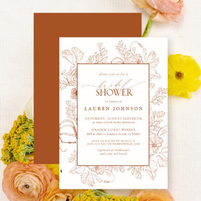 Invitation Boho Fall Terracotta Floral Line Art Fête des mari (Bridal Shower Invitation)